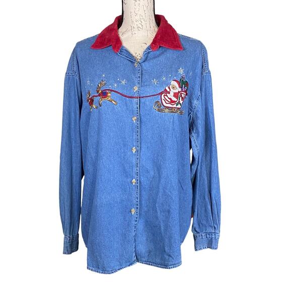 Christmas Womens L NutCracker Holiday Santa Chambray Shirt w Red Velvet Collar - Picture 1 of 11